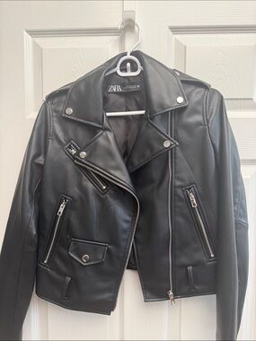 ZARA Black Faux Leather Biker Jacket with Silver Hardware